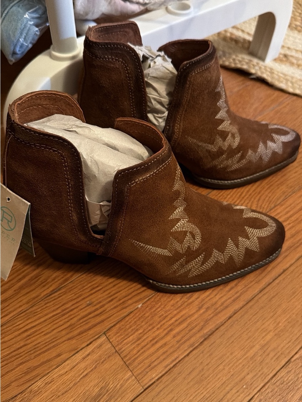 Roper Brown Suede Western Ankle Bootie with Contrast Stitching - Picture 3 of 4